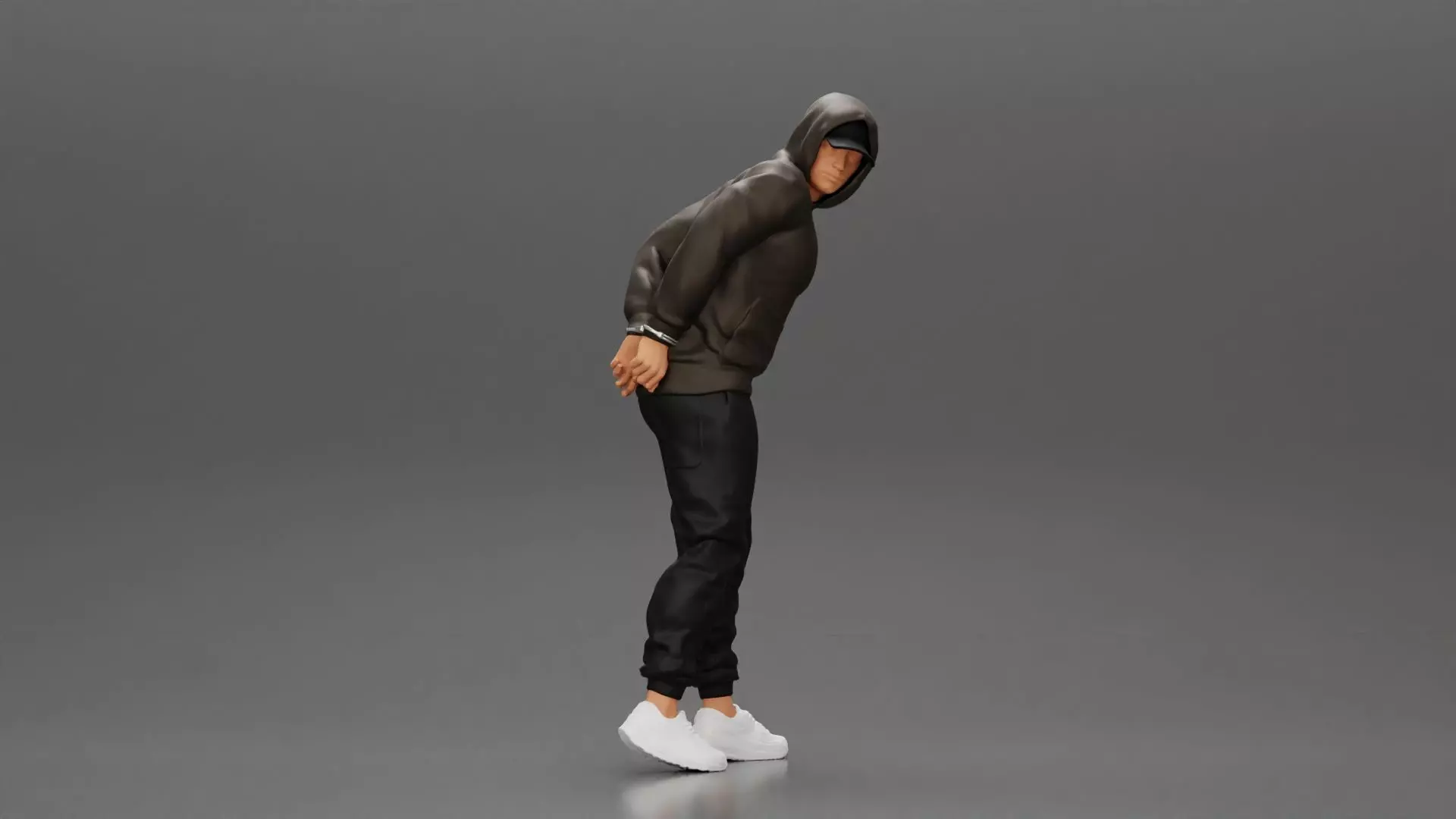 Criminal in Handcuffs man wearing hoodie walking with policeman 3D print model_0
