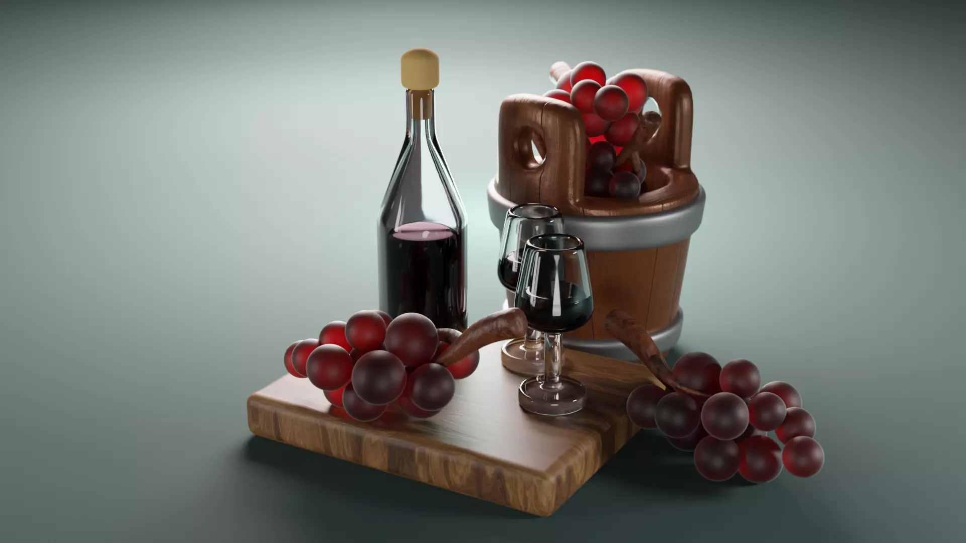 bunch of grapes and wine Low-poly 3D model_0