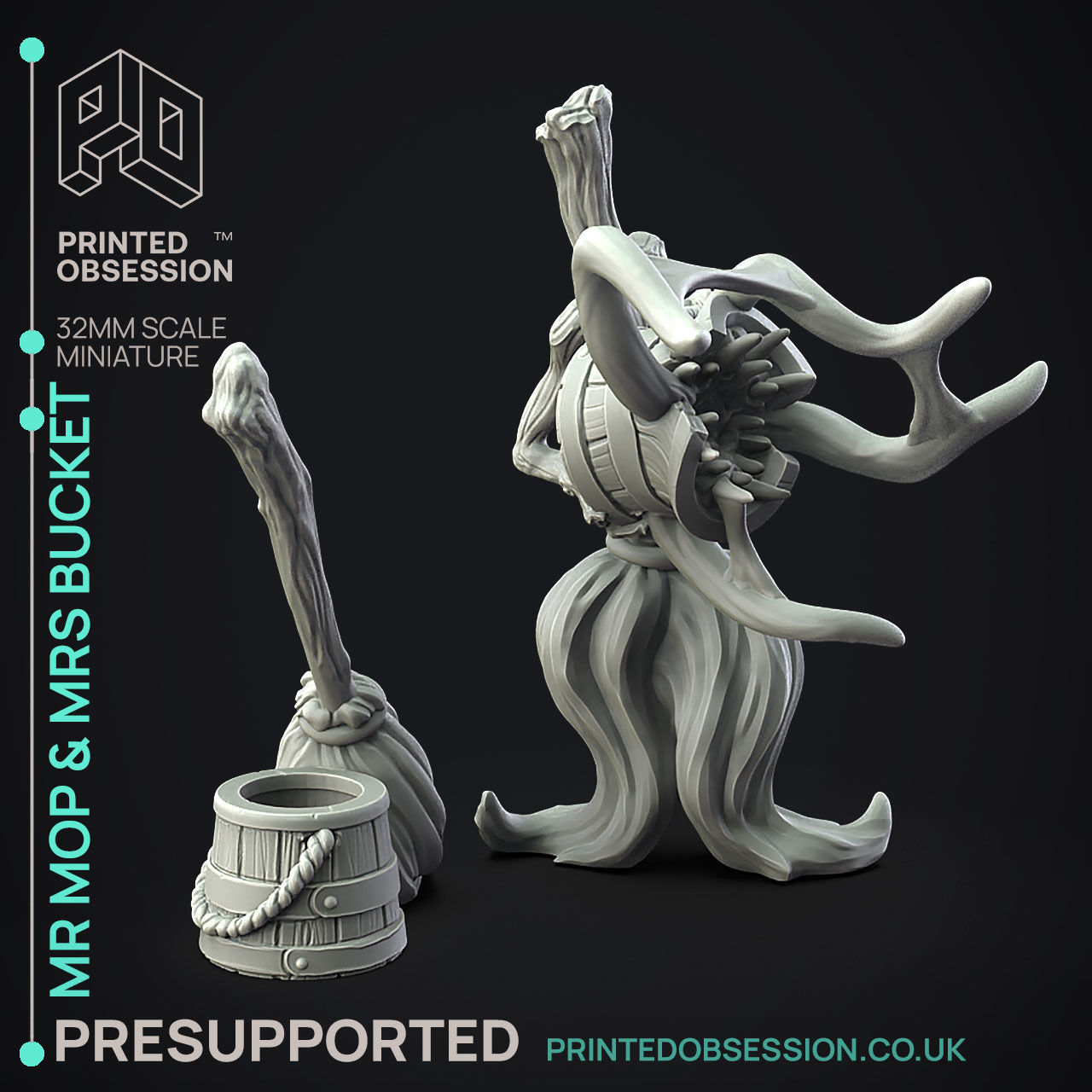 Mr Mop Mrs Bucket - 3D Printable TTRPG - PRESUPPORTED - 32mm 3D print model_1