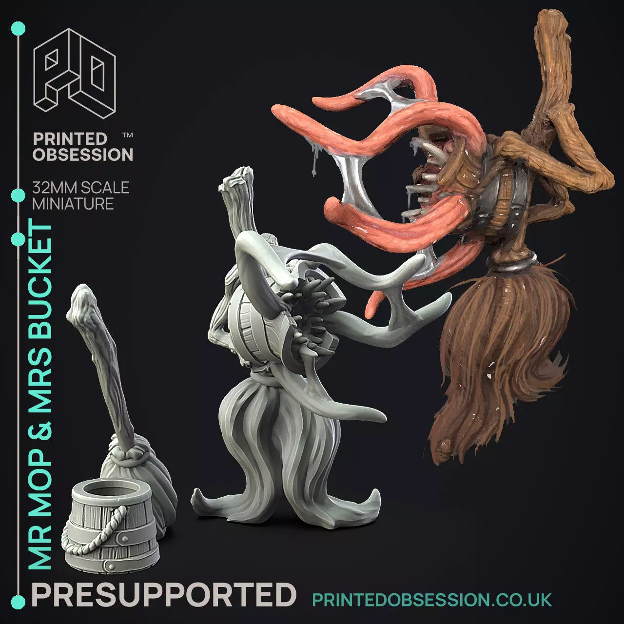 Mr Mop Mrs Bucket - 3D Printable TTRPG - PRESUPPORTED - 32mm 3D print model_0