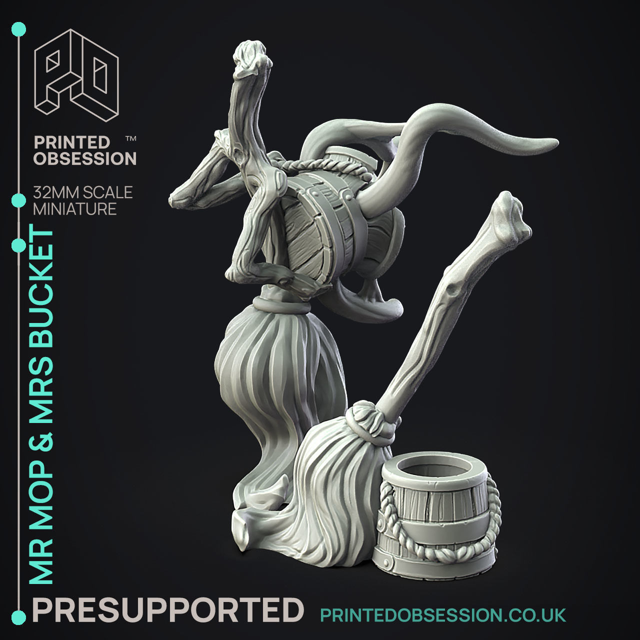 Mr Mop Mrs Bucket - 3D Printable TTRPG - PRESUPPORTED - 32mm 3D print model_8