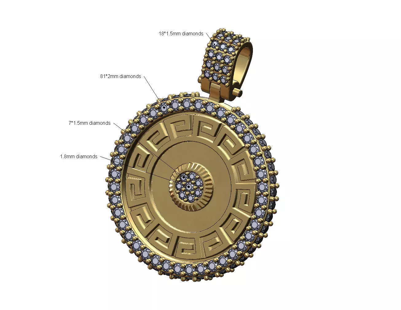 Iced greek key fluted diamond cluster pendant with bail 3D print model_0