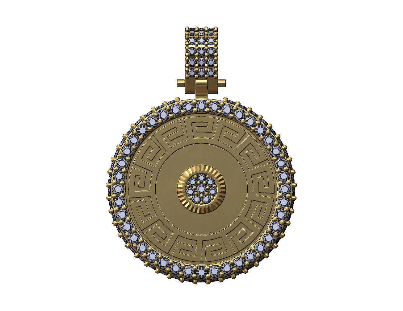Iced greek key fluted diamond cluster pendant with bail 3D print model_1