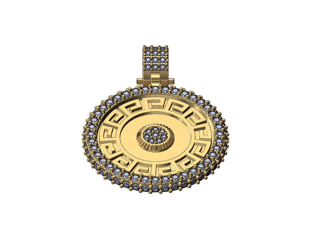 Iced greek key fluted diamond cluster pendant with bail 3D print model_3