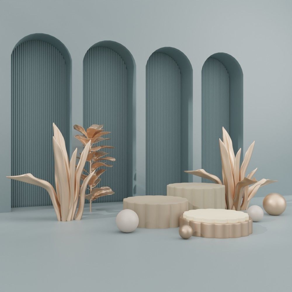 Cosmetic sky blue background and podium display  3D model_4