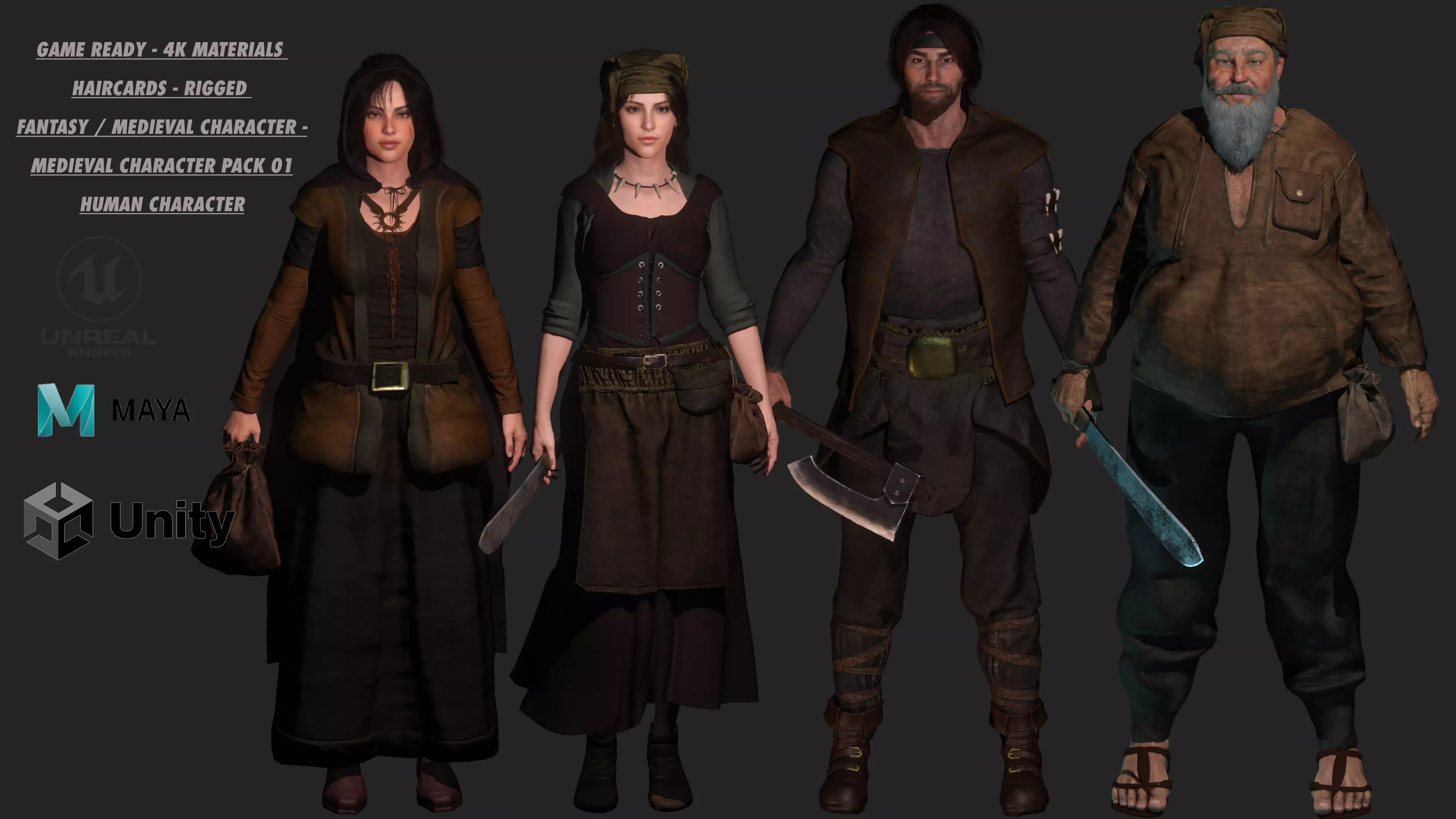 AAA 3D REALISTIC CHARACTER - MEDIEVAL PACK 01 - 4 Character Low-poly 3D model_0