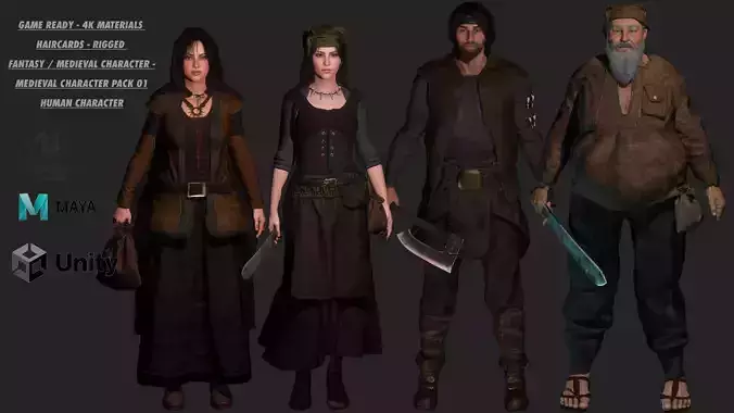 AAA 3D REALISTIC CHARACTER - MEDIEVAL PACK 01 - 4 Character Low-poly 3D model