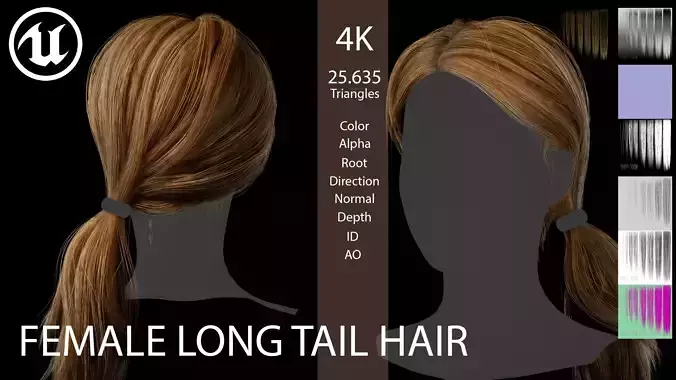 Game ready female long tail hairstyle real time hair