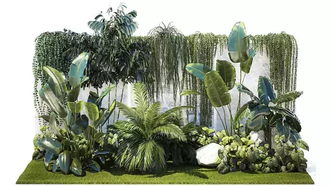 Garden with exotic plants Strelitzia Ravenal palm 3D model