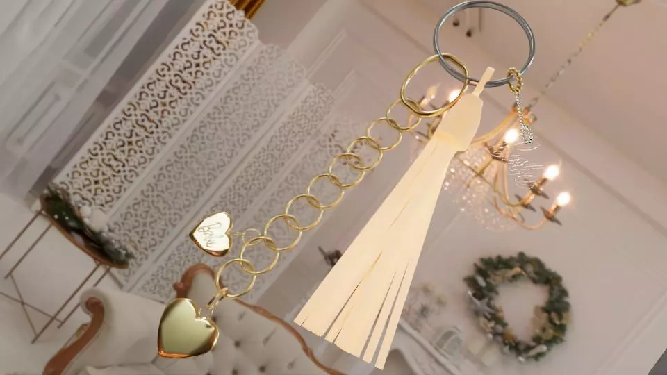 Gold Heart Keychain with Tassel 3D model_0