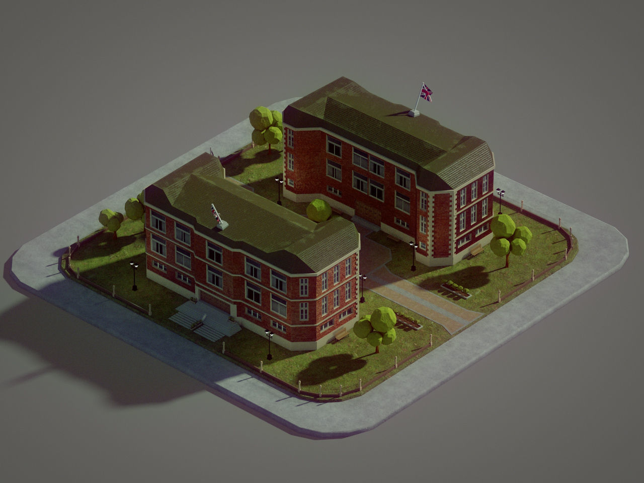 Lowpoly British School Low-poly 3D model_2