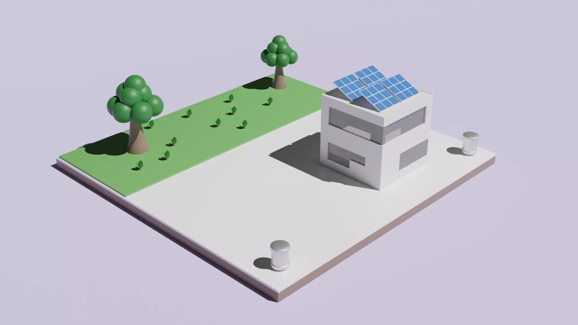 Isometric scene of a building with solar panel grass Low Poly Free low-poly 3D model_0