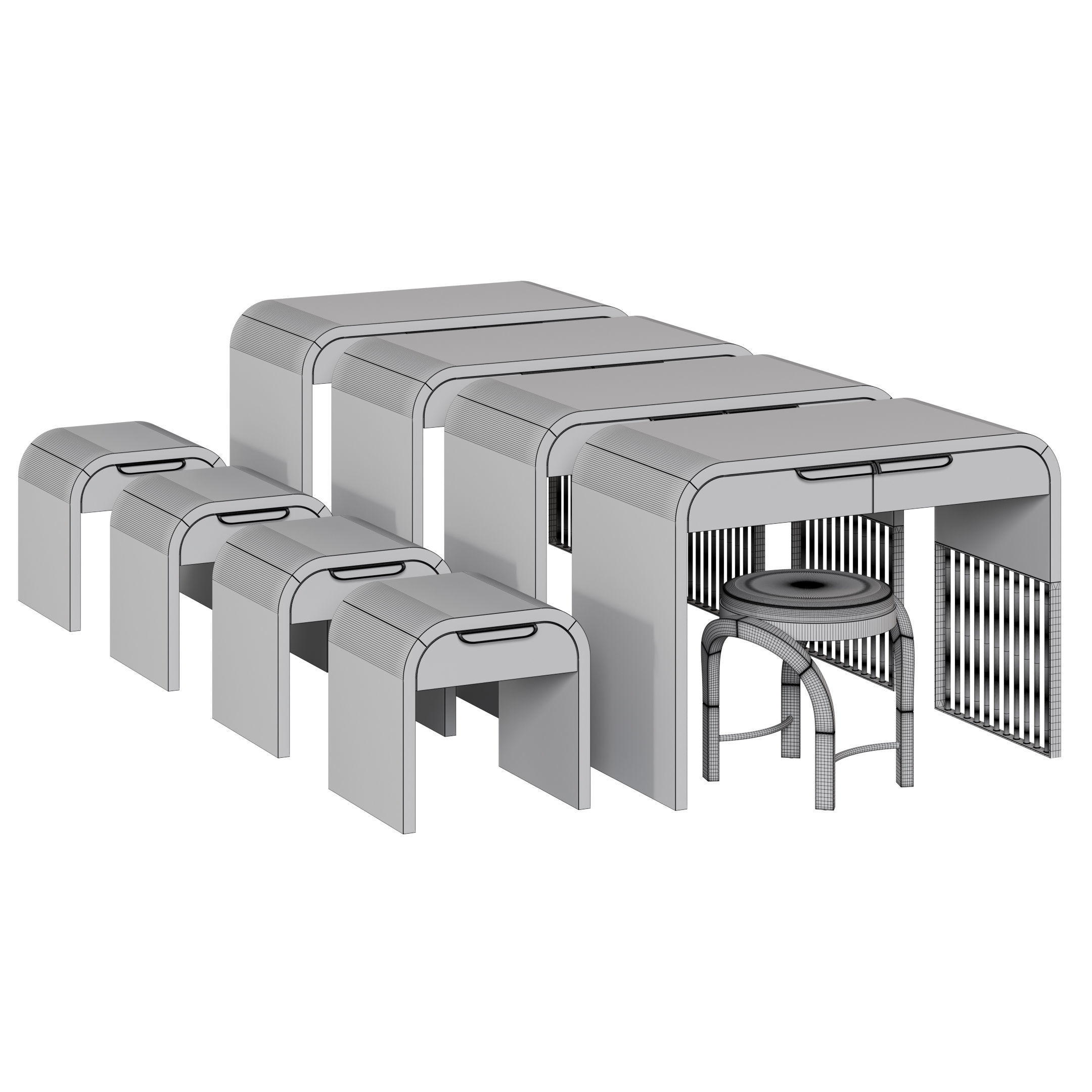 Nightstand vanity table and stool with different wood textures 3D model_14