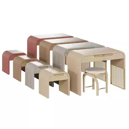 Nightstand vanity table and stool with different wood textures