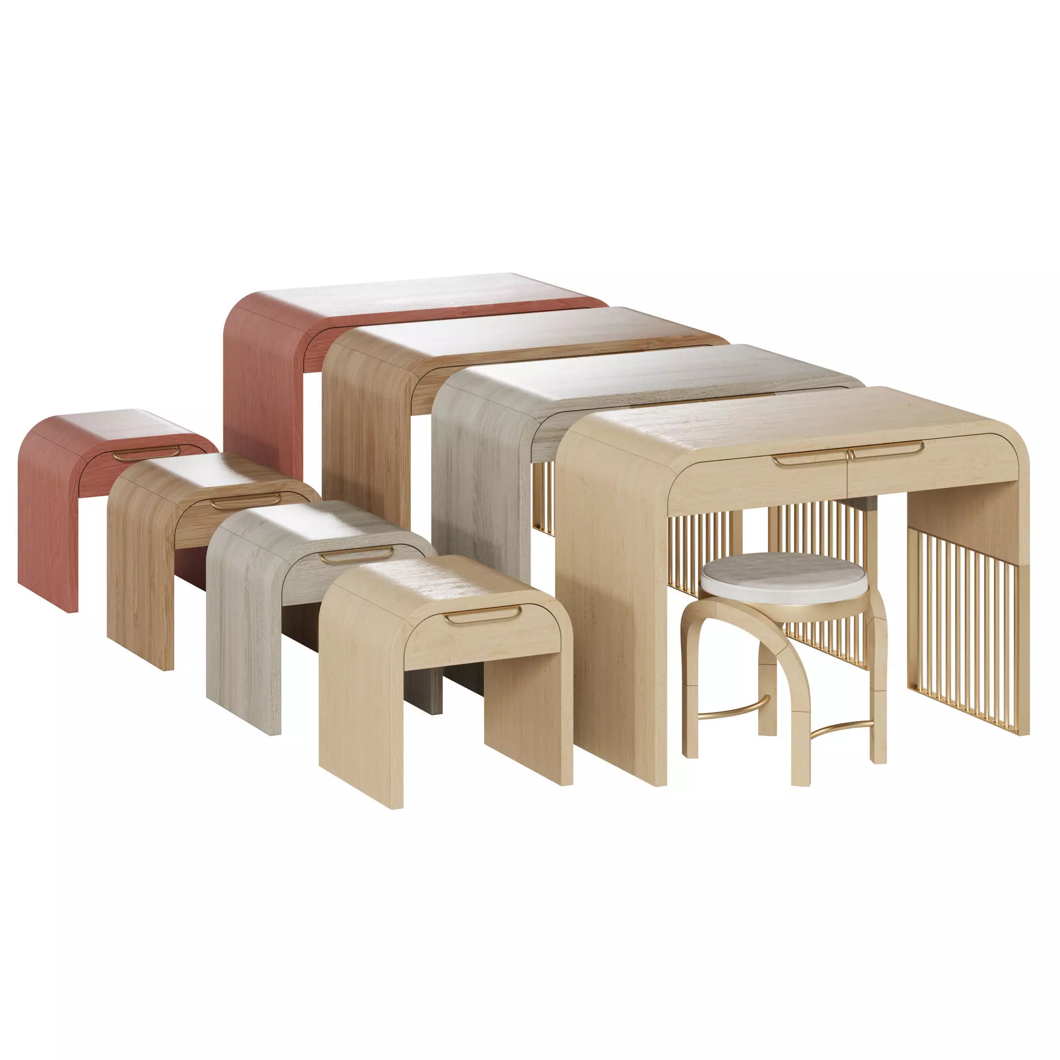 Nightstand vanity table and stool with different wood textures 3D model_0