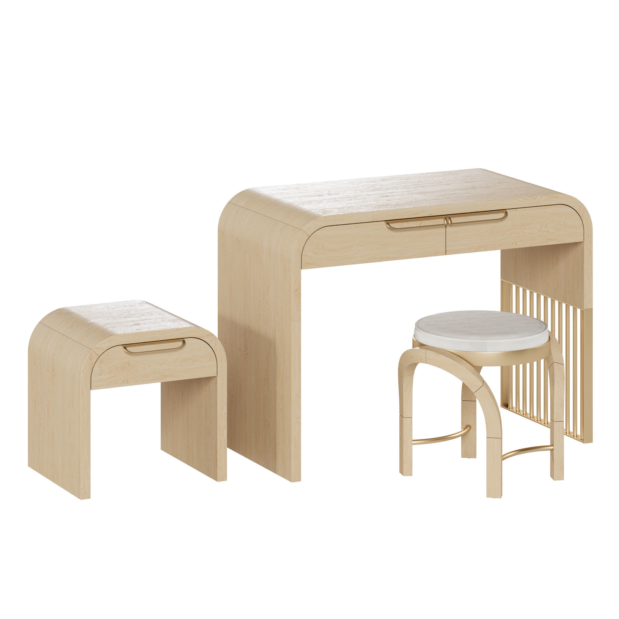 Nightstand vanity table and stool with different wood textures 3D model_1