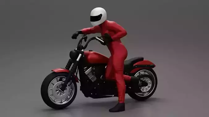 Motorbiker standing pushing his motorbike