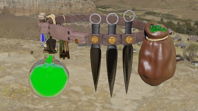 A model of a leather belt with items on it Free low-poly 3D model