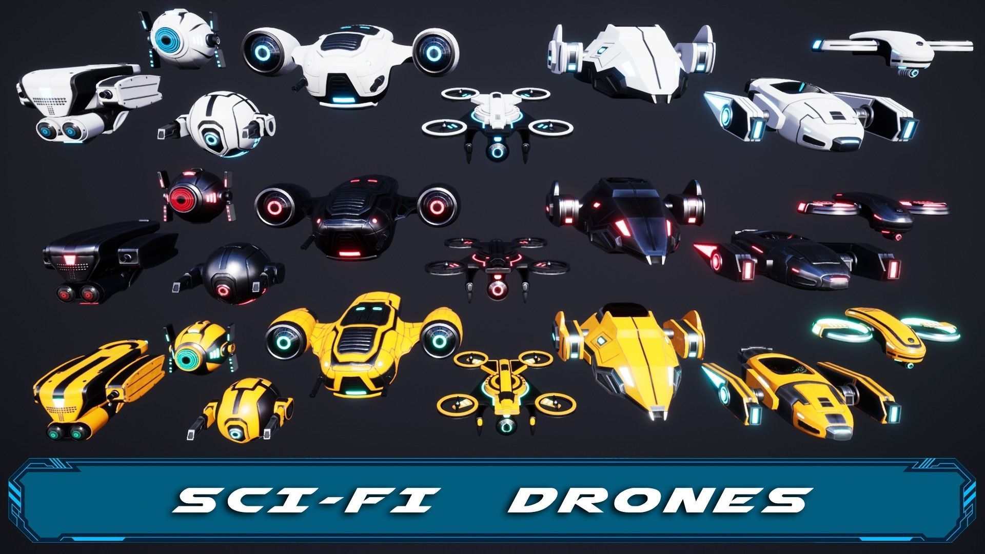 Sci Fi Robot Drone Pack Low-poly 3D model_1