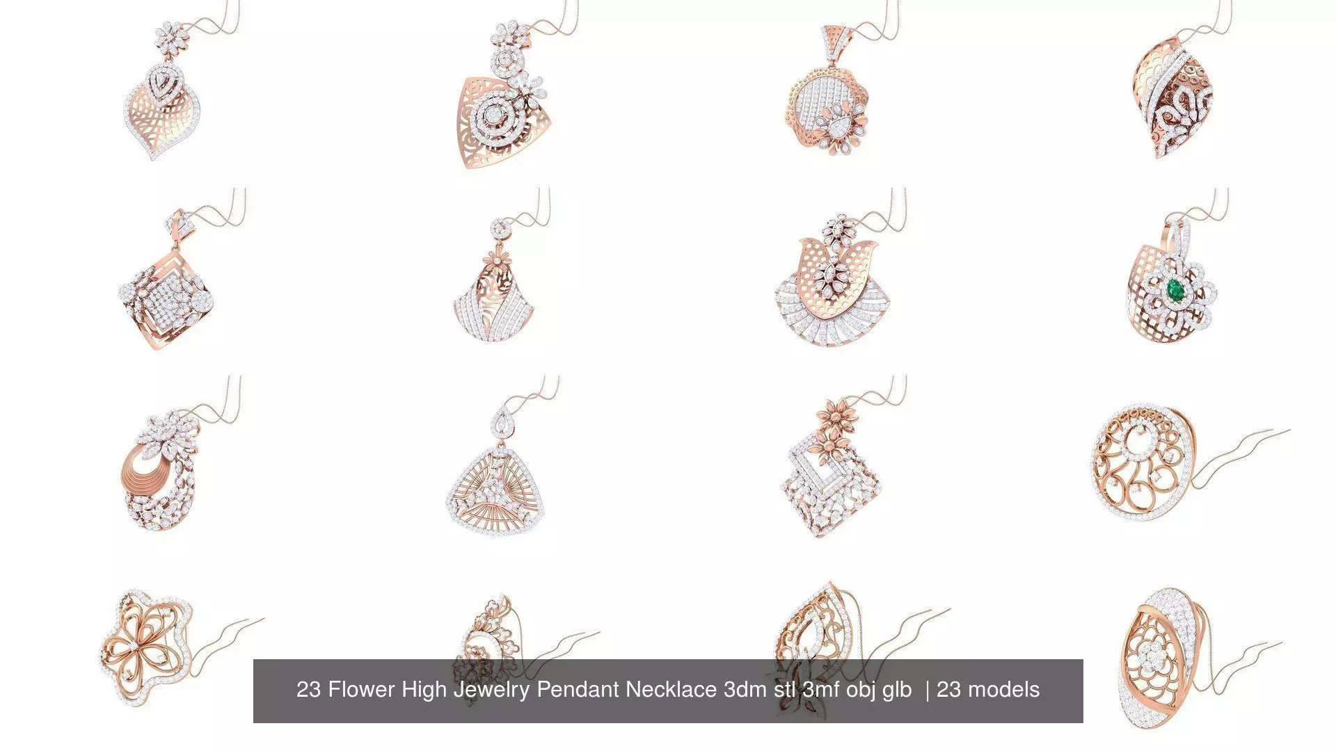 23 Flower High Jewelry Pendant Necklace 3dm stl 3mf obj glb  3D Model Collection_0