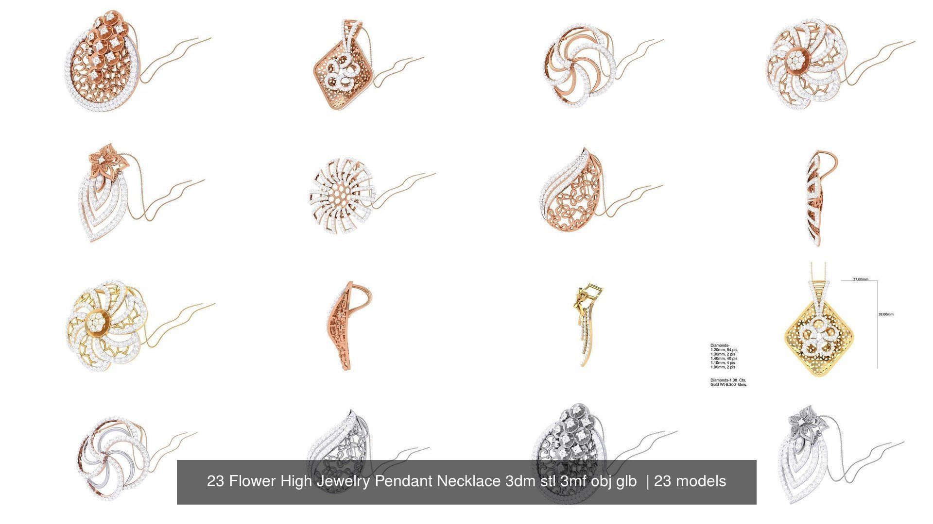 23 Flower High Jewelry Pendant Necklace 3dm stl 3mf obj glb  3D Model Collection_2