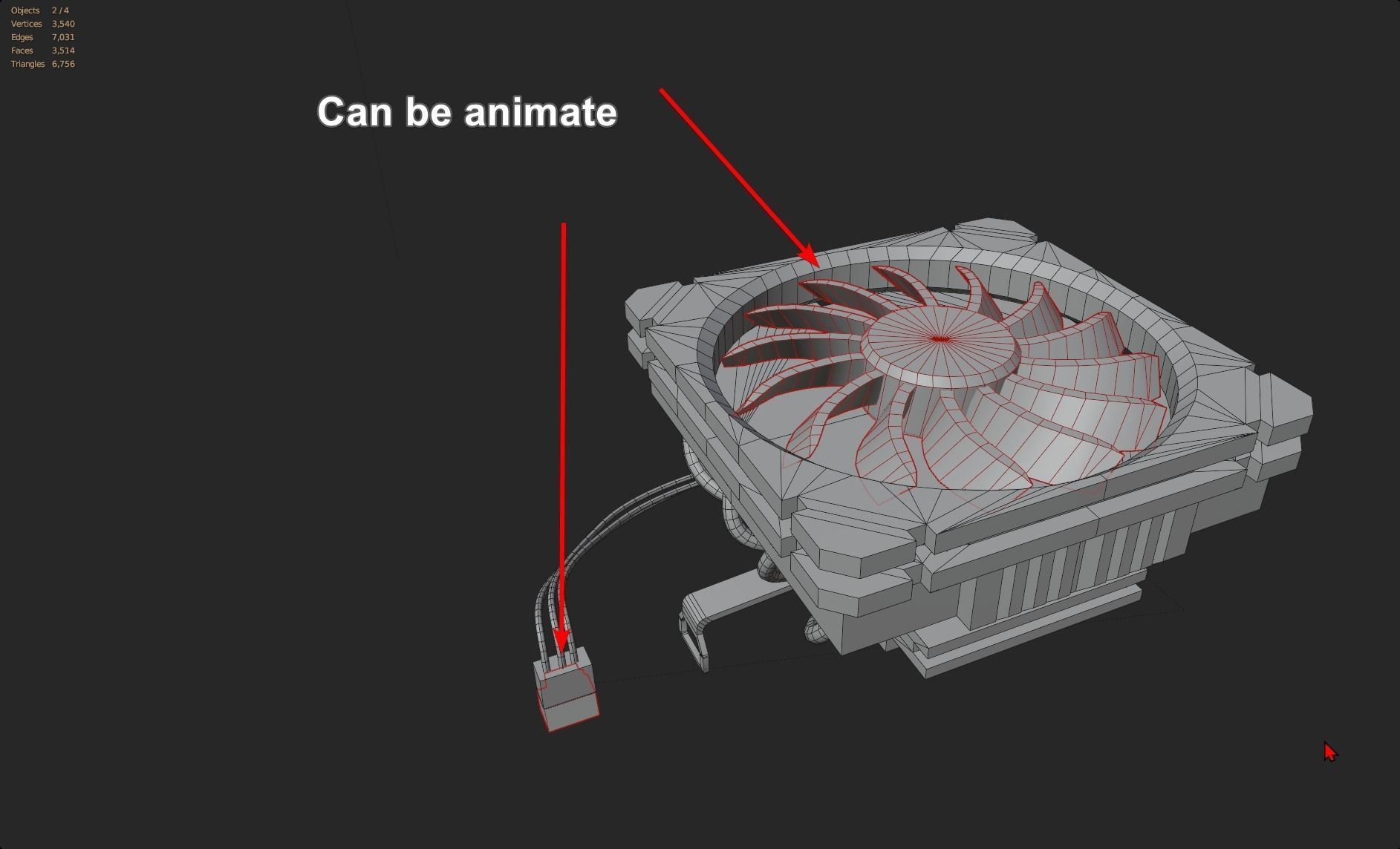 cpu cooler fan red alu lowpoly computer pc fan pbr Low-poly 3D model_8