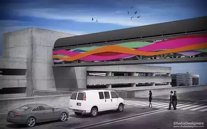 Skywalk colorful bridge over parking lot Free 3D model