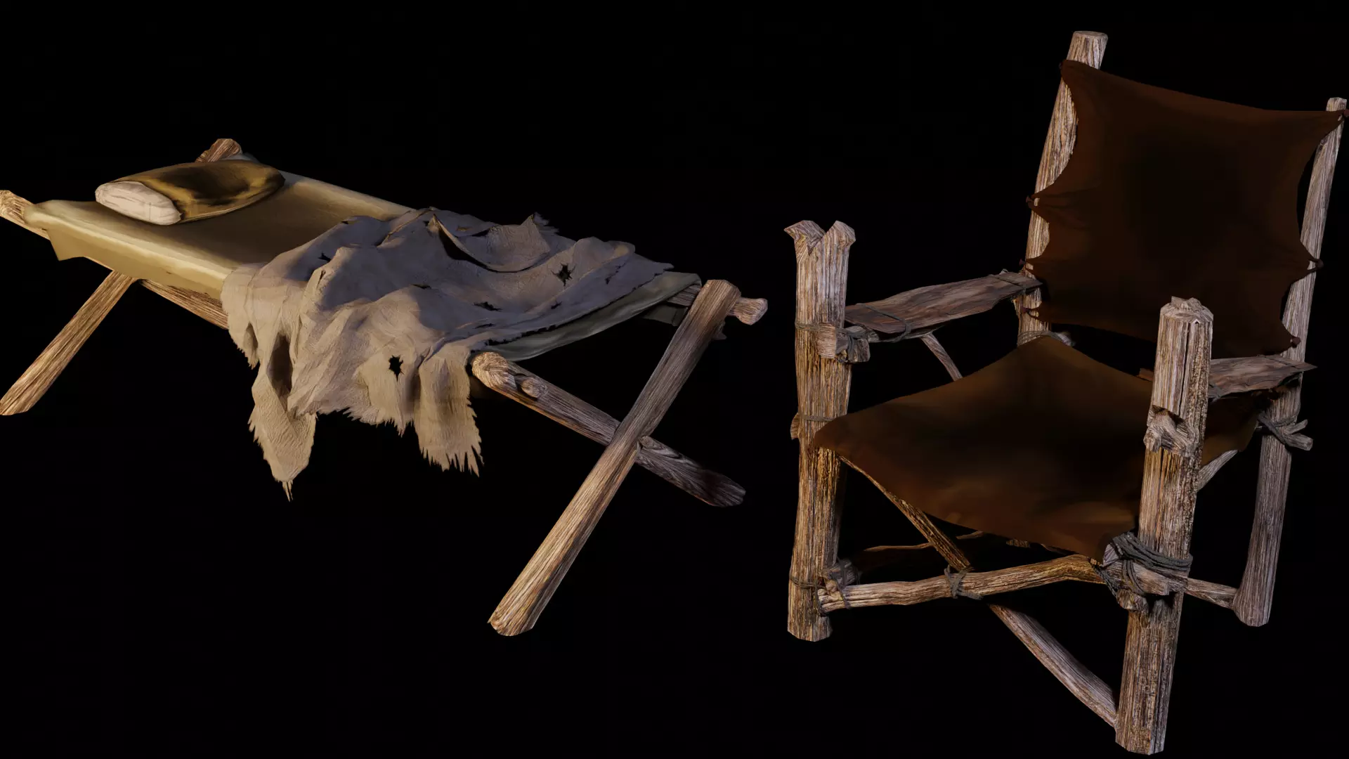 primitive cot and chair like what Shrek would have Low-poly 3D model_0