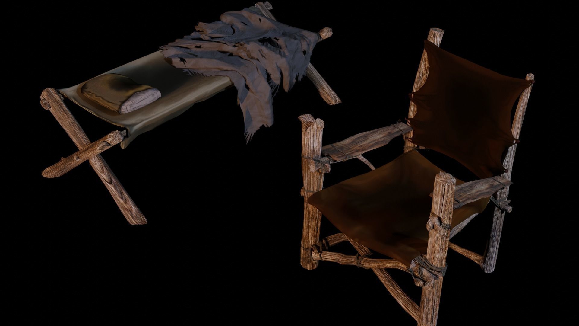 primitive cot and chair like what Shrek would have Low-poly 3D model_1