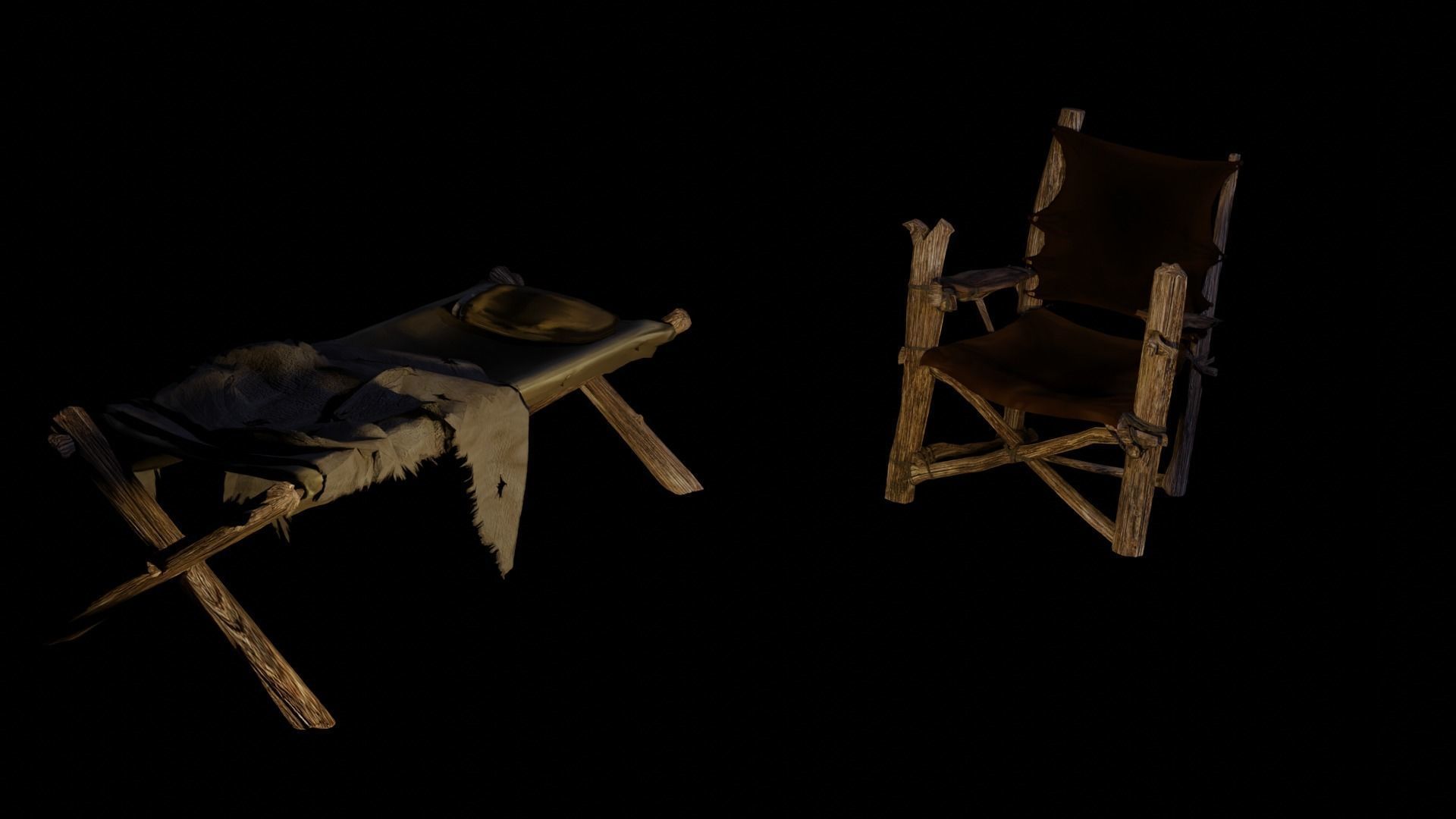 primitive cot and chair like what Shrek would have Low-poly 3D model_2