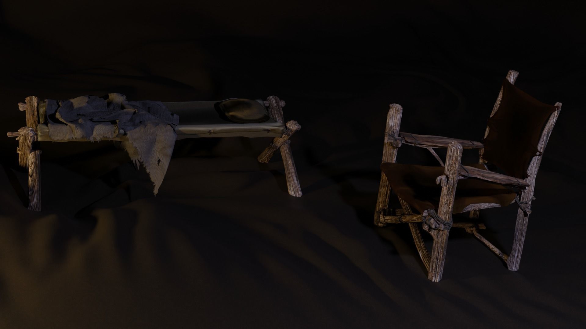 primitive cot and chair like what Shrek would have Low-poly 3D model_25