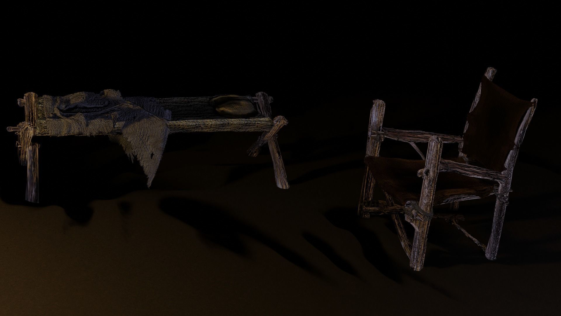 primitive cot and chair like what Shrek would have Low-poly 3D model_23
