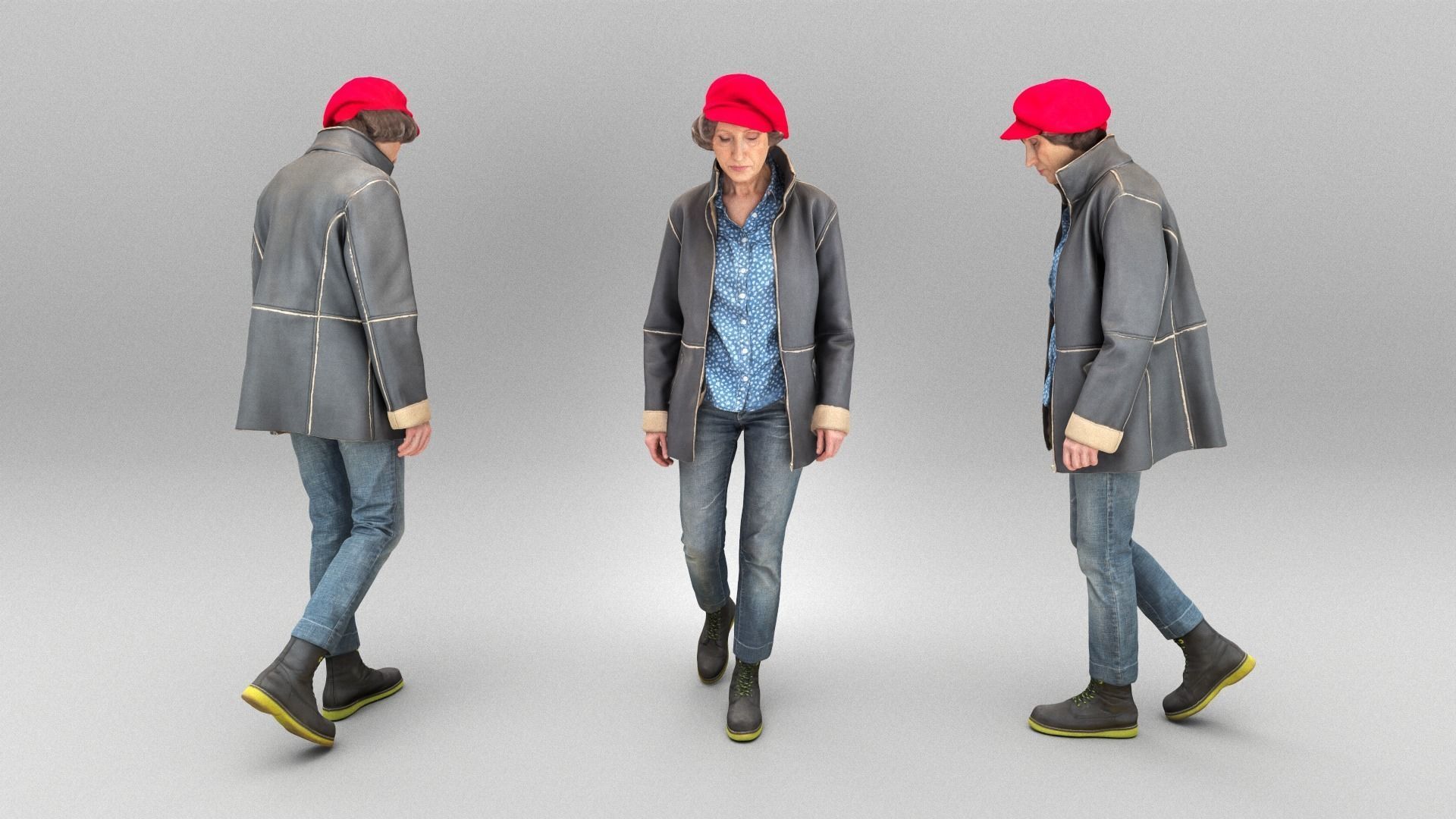 Elegant woman in red beret walking 404 Low-poly 3D model_3
