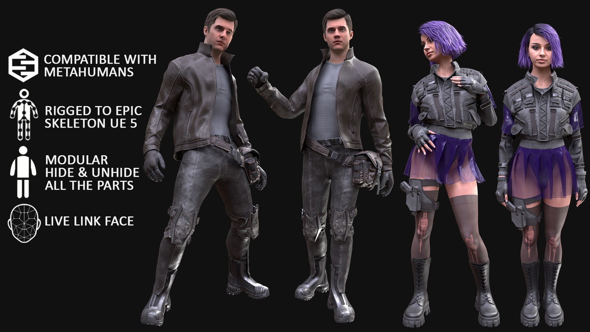 Mens and Womens Cyberpunk Outfits - Modular - Rigged 3D Model Collection_6