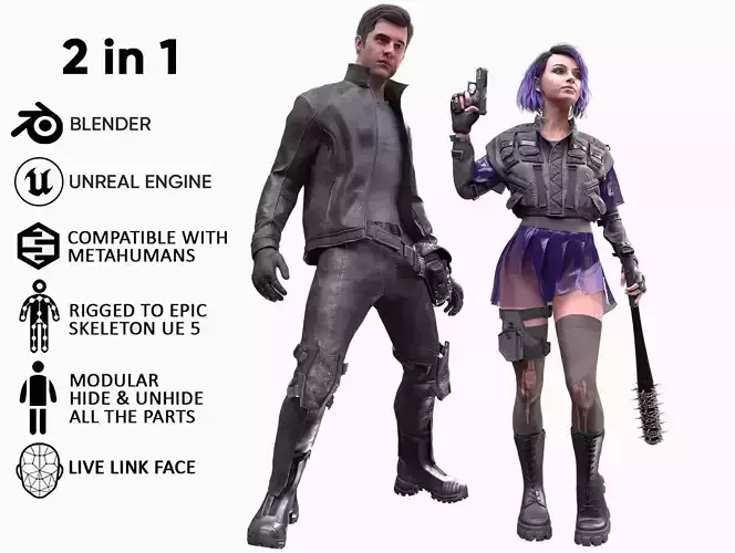 Mens and Womens Cyberpunk Outfits - Modular - Rigged 3D Model Collection
