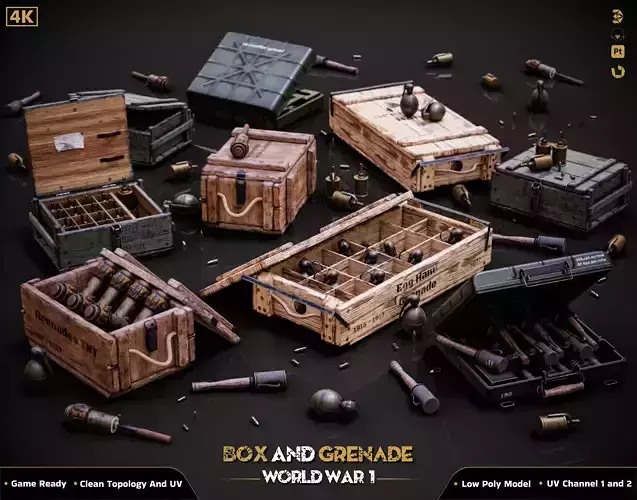 Military Box and Grenade ww1 Game Ready Low-poly 3D model