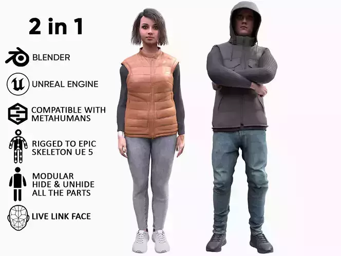 Mens and Womens Autumn Outfits  - Modular - Rigged 3D Model Collection