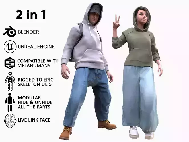 Mens and Womens Autumn Outfits - Modular - Rigged 3D Model Collection