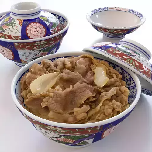 Gyudon and Donburi bowl with lid - Japanese Beef Rice Bowl Low-poly 3D model
