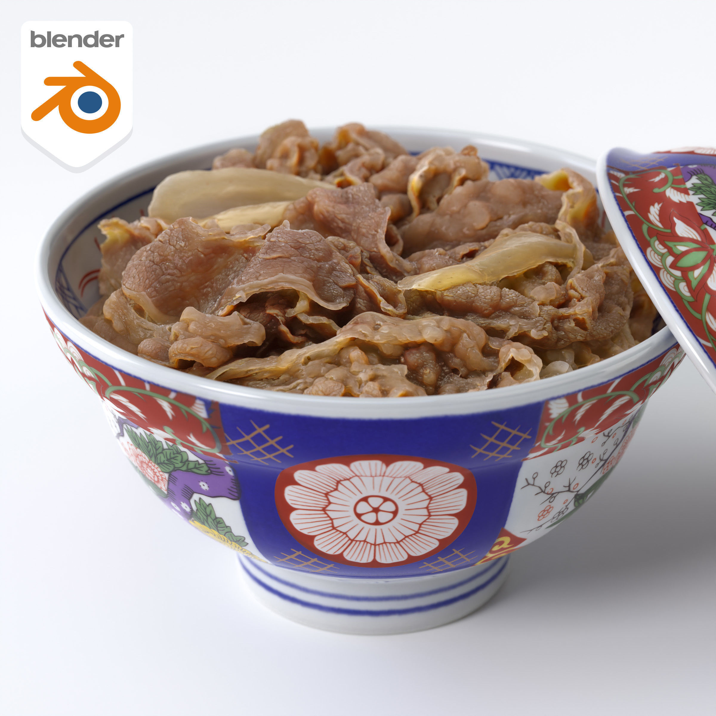 Gyudon and Donburi bowl with lid - Japanese Beef Rice Bowl Low-poly 3D model_8