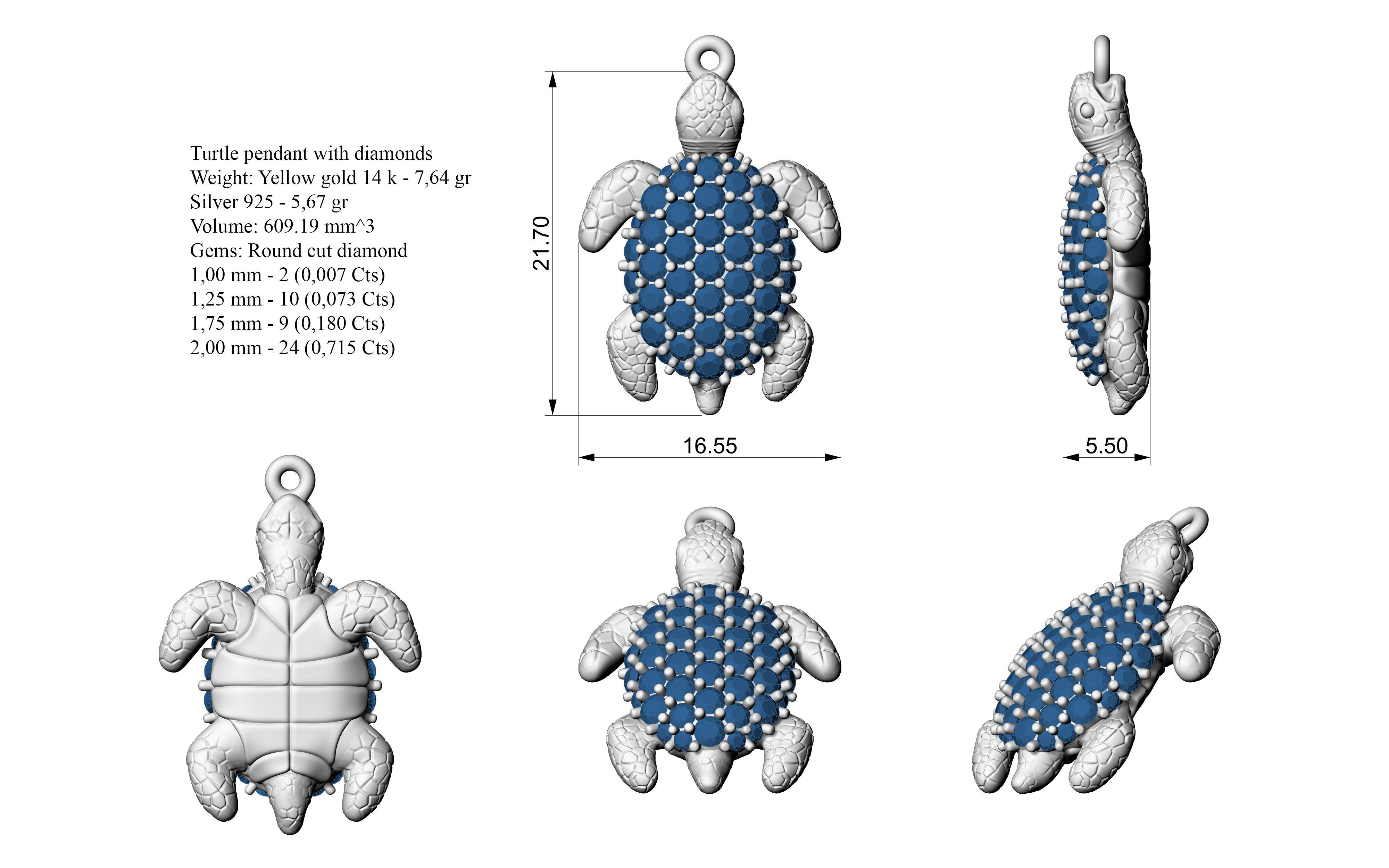 Turtle pendant with diamonds 3D print model_2
