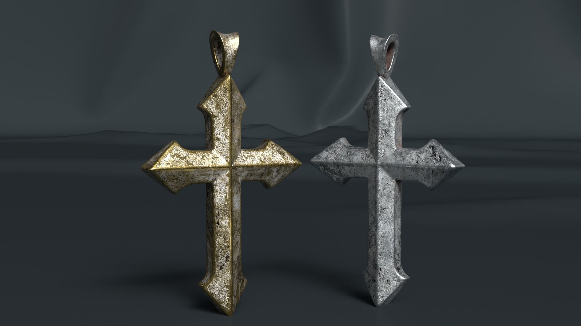 High-Poly Vintage Oxidized Silver Arrow-shaped Cross 3D model_13