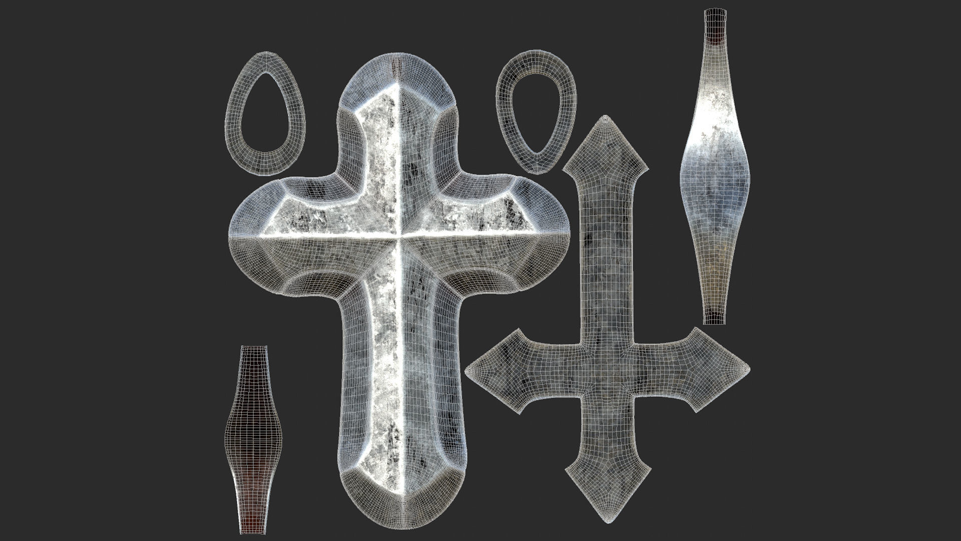 High-Poly Vintage Oxidized Silver Arrow-shaped Cross 3D model_9