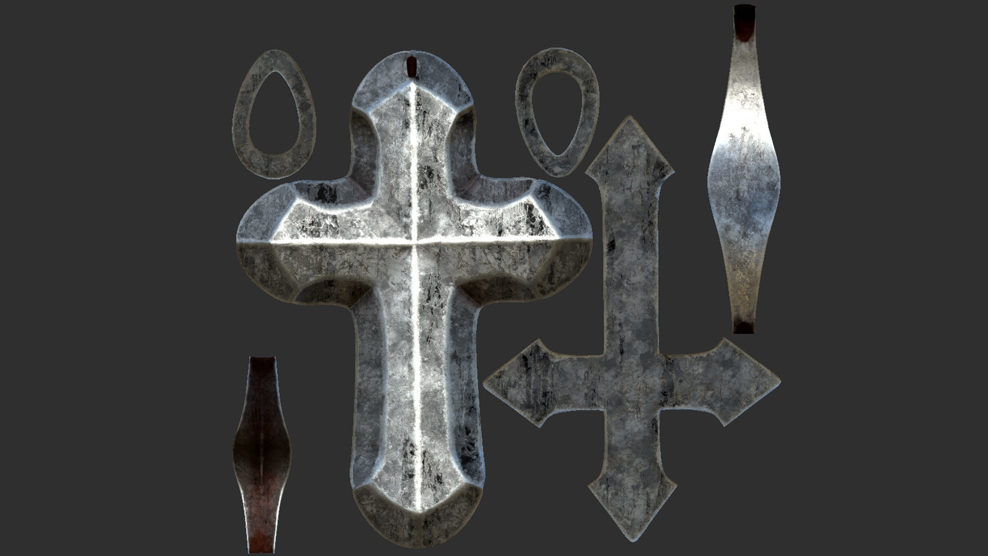 High-Poly Vintage Oxidized Silver Arrow-shaped Cross 3D model_7