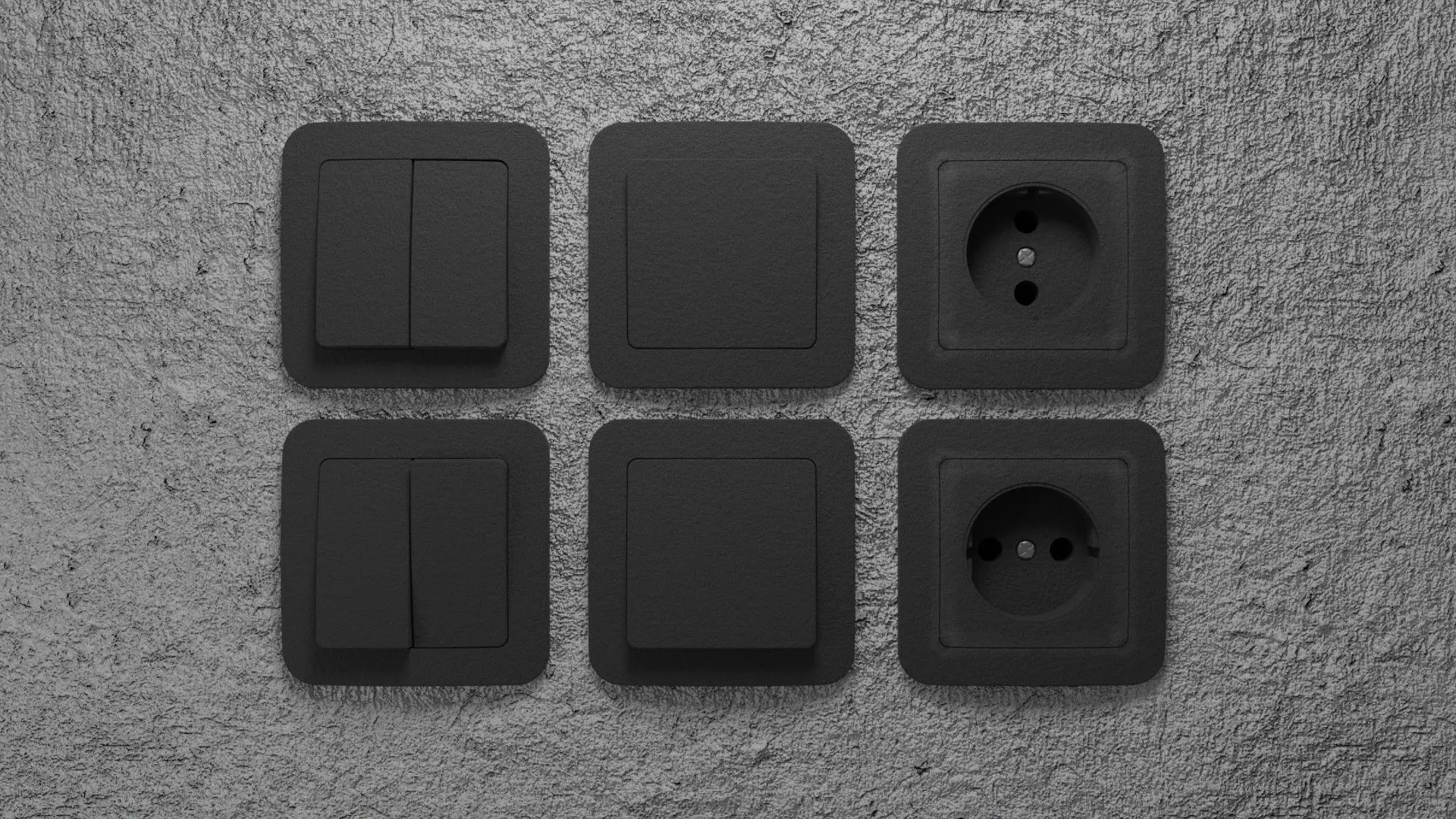Black sockets and light switch 6 objects collection Low-poly 3D model_0