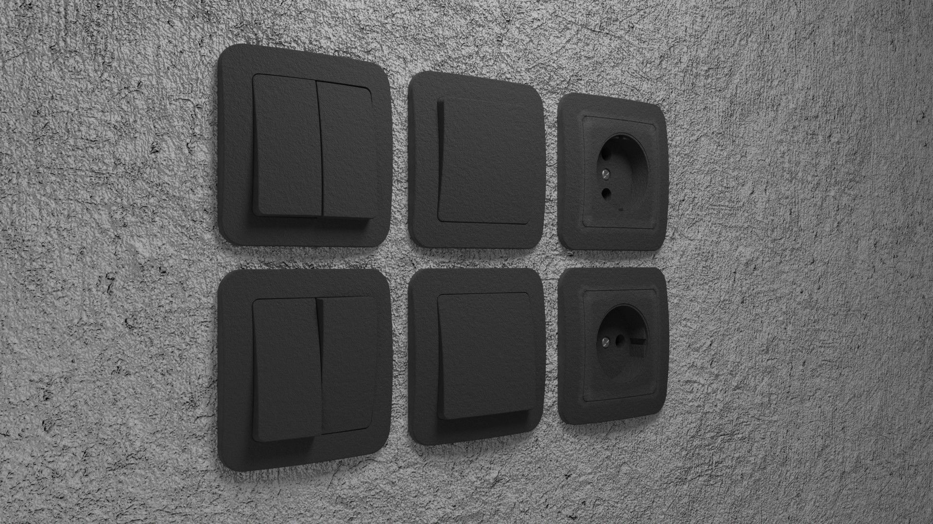 Black sockets and light switch 6 objects collection Low-poly 3D model_1