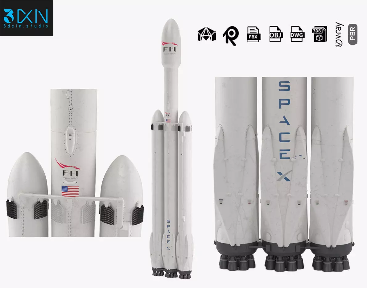 Falcon Heavy SpaceX Heavy-Lift Cargo Rocket 3D model