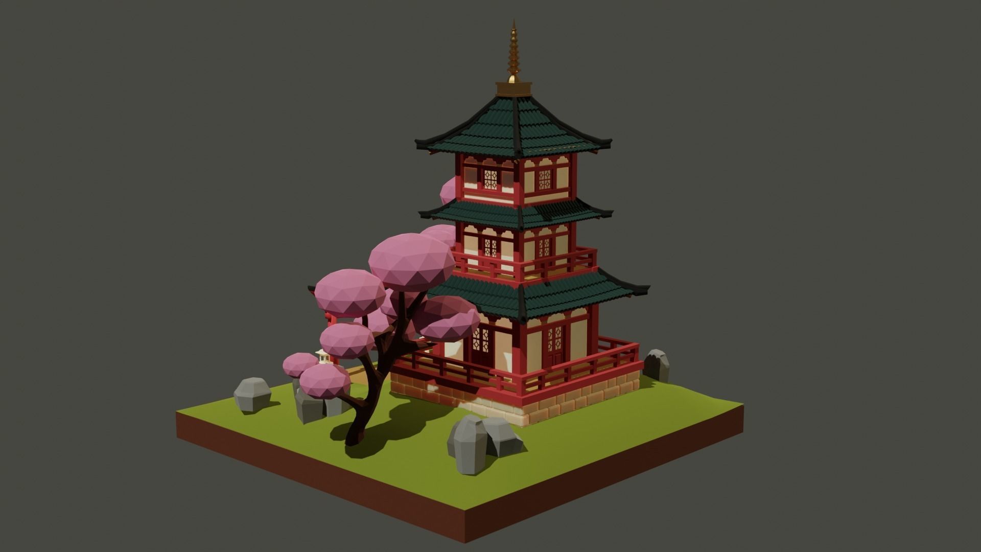 Japanese Temple Low-poly 3D model_5