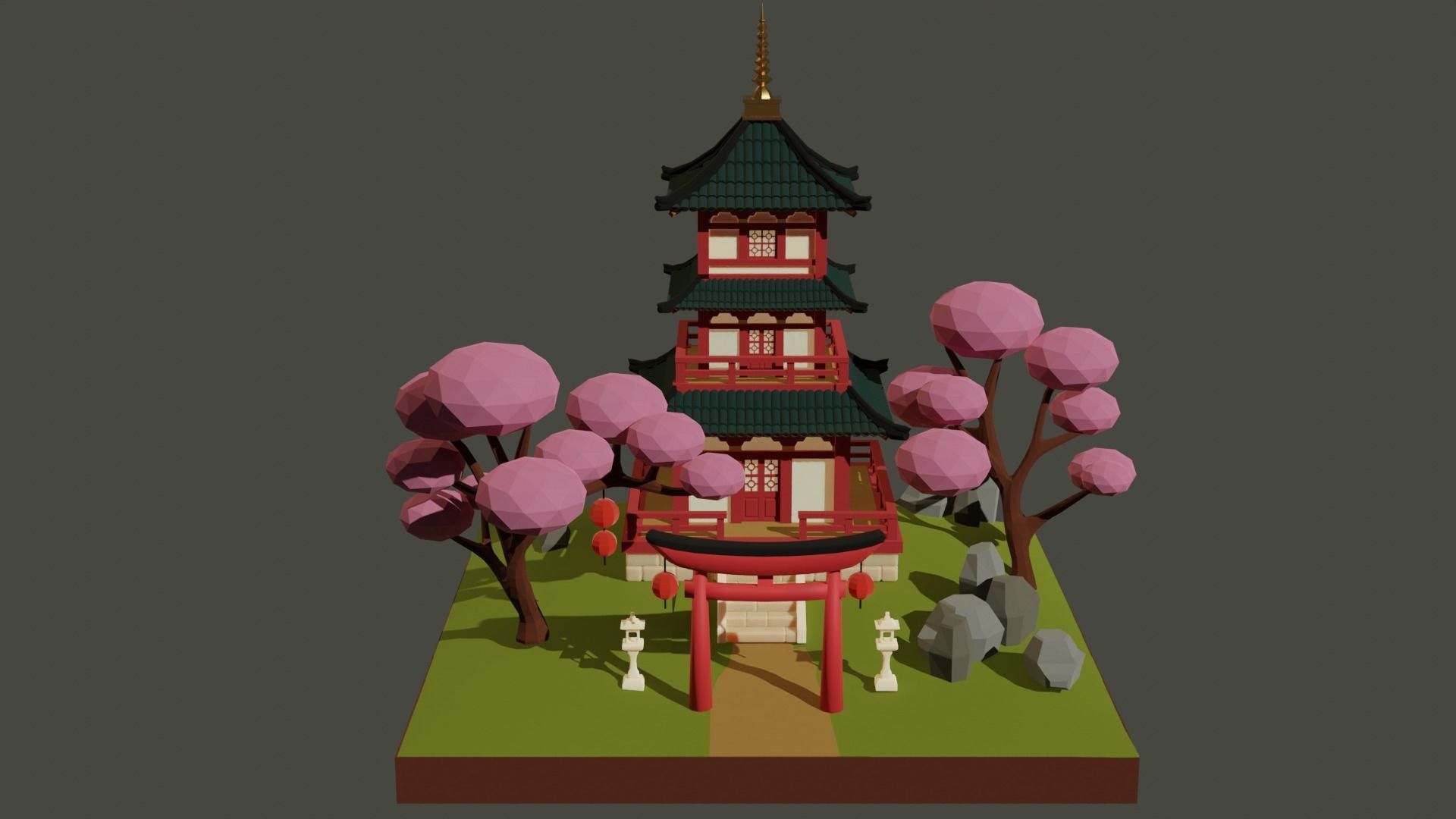 Japanese Temple Low-poly 3D model_1