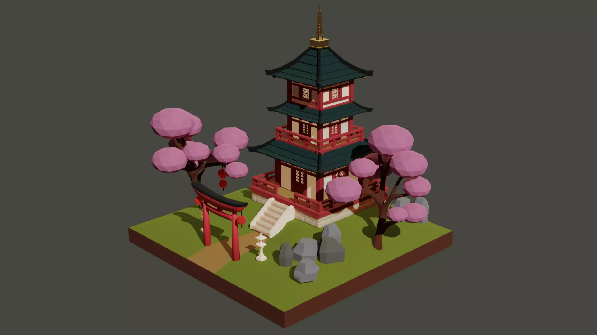 Japanese Temple Low-poly 3D model_0